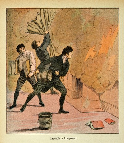 Ilustração de Bombled Louis (1862-1927) do livro "The memorial se Sainte Helene" do Conde Emmanuel de Las Cases (1766-1842): Fogo a Longwood, Coleção Particular de Louis Charles Bombled