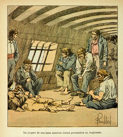 Ilustração de Bombled Louis (1862-1927) do livro "The memorial se Sainte Helene" do Conde Emmanuel de Las Cases (1766-1842): Prisioneiros franceses no pontão inglês, coleção privada de Louis Charles Bombled