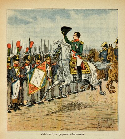 Ilustração de Bombled Louis (1862-1927) do livro "The memorial se Sainte Helene" do Conde Emmanuel de Las Cases (1766-1842): O Imperador Napoleão passa as tropas em críticas, Coleção Privada de Louis Charles Bombled