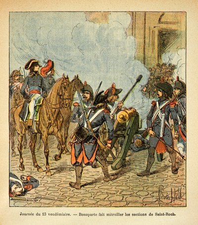 Ilustração de Bombled Louis (1862-1927) do livro "The memorial se Sainte Helene" do Conde Emmanuel de Las Cases (1766-1842): Dia 13 de sexta-feira, Bonaparte faz as seções de São Roch atirar com um canhão, Coleção Particular de Louis Charles Bombled