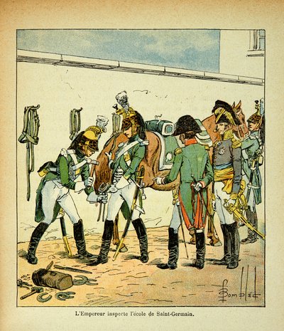 Ilustração de Bombled Louis (1862-1927) do livro "The memorial se Sainte Helene" do Conde Emmanuel de Las Cases (1766-1842): O Imperador Napoleão inspeciona a escola de Saint Germain, Coleção Particular de Louis Charles Bombled
