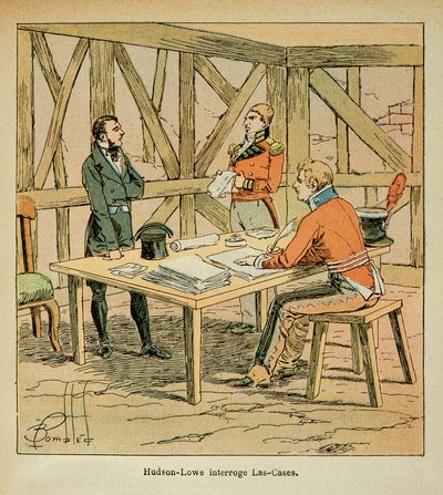 Ilustração de Bombled Louis (1862-1927) do Conde Emmanuel de Las Cases (1766-1842): Governador Hudson Lowe (1769-1844) questiona Las Cases, Coleção Privada de Louis Charles Bombled