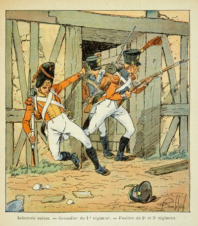 Ilustração de Bombled Louis (1862-1927) do livro "O Memorial de Santa Helena" do Conde Emmanuel de Las Cases (1766-1842): Infantaria Suíça: Granadeiro do 1º regimento e Fusilier do 2º, 3º e 3º regimento, Coleção Privada de Louis Charles Bombled