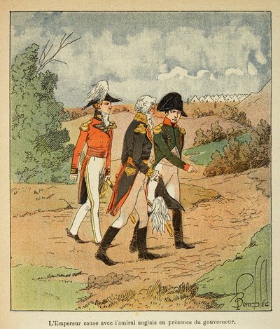 Ilustração de Bombled Louis (1862-1927) do livro "O Memorial de Santa Helena" do Conde Emmanuel de Las Cases (1766-1842): Conversa entre Napoleão, o Governador Hudson Mowe e o Almirante inglês Cockburn em agosto de 1816 em Ste Helene, Private Co de Louis Charles Bombled