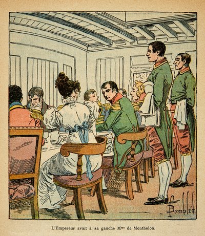 Ilustração de Bombled Louis (1862-1927) do livro "O Memorial de Santa Helena" do Conde Emmanuel de Las Cases (1766-1842): Jantar do Imperador Napoleão a bordo do Northumberland, a caminho de Santa Helena, com a Sra. De Montholon à sua esquerda, Soldado de Louis Charles Bombled
