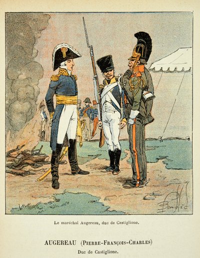 Ilustração de Bombled Louis (1862-1927) do livro "O Memorial de Santa Helena" do Conde Emmanuel de Las Cases (1766-1842): Le marechal Pierre Augereau (1757-1816), Duque de Castiglione, Coleção Particular de Louis Charles Bombled