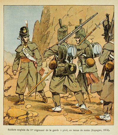 Ilustração de Bombled Louis (1862-1927) do livro "O Memorial de Santa Helena" do Conde Emmanuel de Las Cases (1766-1842): Soldados Ingleses do 1º Regimento da Guarda em uma bancada (Espanha 1814), Coleção Particular de Louis Charles Bombled