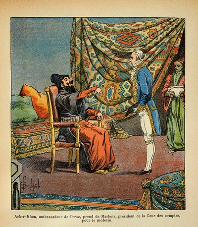 Ilustração de Bombled Louis (1862-1927) do livro "O Memorial de Santa Helena" do Conde Emmanuel de Las Cases (1766-1842): O embaixador persa, Asker - Khan, em visita a Paris, leva Francois Barbe-Marbois (Barbe Marbois) (1745-1837), presidente de Louis Charles Bombled