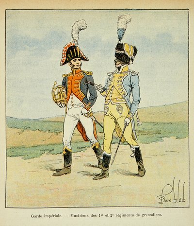 Ilustração de Bombled Louis (1862-1927) do livro "O Memorial de Santa Helena" do Conde Emmanuel de Las Cases (1766-1842): A Guarda Imperial: Músicos do 1º e 2º regimento de grenadiers, Coleção Particular de Louis Charles Bombled