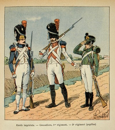 Ilustração de Bombled Louis (1862-1927) do livro "O Memorial de Santa Helena" do Conde Emmanuel de Las Cases (1766-1842): Garde Imperiale; Granadeiro do 1º regimento; Alunos do 2º regimento, Coleção Particular de Louis Charles Bombled