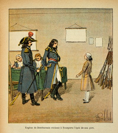 Ilustração de Bombled Louis (1862-1927) do livro "O Memorial de Santa Helena" do Conde Emmanuel de Las Cases (1766-1842): Eugene de Beauharnais (1781-1824) reclama a espada de seu pai em Bonaparte, Coleção Particular de Louis Charles Bombled