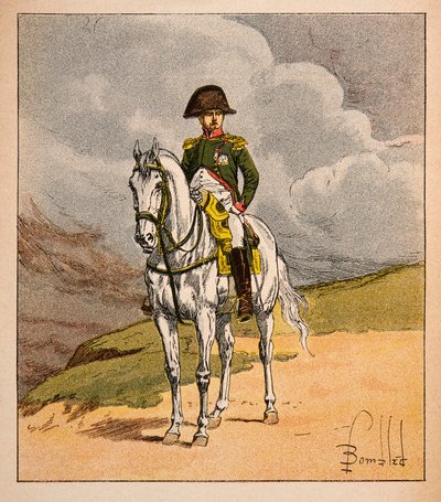 Ilustração de Bombled Louis (1862-1927) do livro "O Memorial de Santa Helena" do Conde Emmanuel de Las Cases (1766-1842): Retrato Equestre do Imperador Napoleão 1.er, Coleção Particular de Louis Charles Bombled