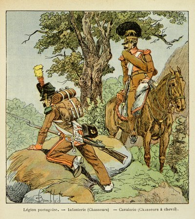 Ilustração de Bombled Louis (1862-1927) do livro "O Memorial de Santa Helena" do Conde Emmanuel de Las Cases (1766-1842): Legião Portuguesa: Infantaria (caçadores) e cavalaria (caçadores a cavalo), coleção privada de Louis Charles Bombled