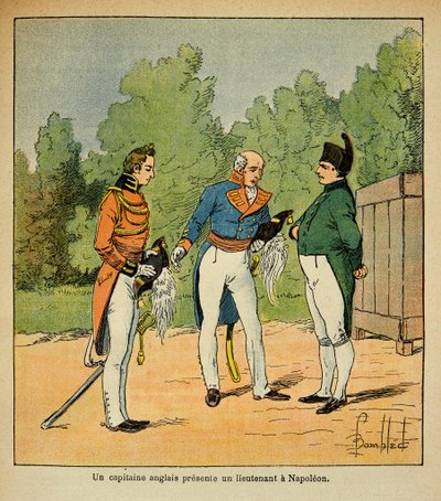 Ilustração de Bombled Louis (1862-1927) do livro "O Memorial de Santa Helena" do Conde Emmanuel de Las Cases (1766-1842): A Santa Helena, capitã inglesa presente ao imperador Napoleão um tenente, Coleção Particular de Louis Charles Bombled