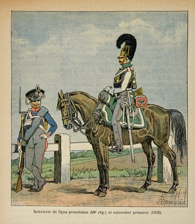 Ilustração de Bombled Louis (1862-1927) do livro "O Memorial de Santa Helena" do Conde Emmanuel de Las Cases (1766-1842): Infantaria da linha prussiana (42, regimento eme) e navios de guerra prussianos de Louis Charles Bombled