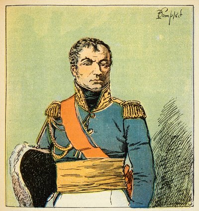 Ilustração de Bombled Louis (1862-1927) do livro "O Memorial de Santa Helena" do Conde Emmanuel de Las Cases (1766-1842): Retrato do marechal Nicolas Charles Oudinot (1767-1847), Duque de Reggio, Coleção Particular de Louis Charles Bombled