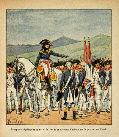 Ilustração de Bombled Louis (1862-1927) do livro "O Memorial de Santa Helena" do Conde Emmanuel de Las Cases (1766-1842): Bonaparte repreende o regimento 85 e 39 de Vaubois no planalto de Rivoli, Coleção Particular de Louis Charles Bombled