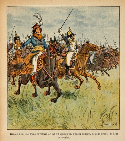 Ilustração de Bombled Louis (1862-1927) do livro "O Memorial de Santa Helena" do Conde Emmanuel de Las Cases (1766-1842): Joachim Murat (1767-1815) carregando à cabeça de sua cavalaria, Coleção Privada de Louis Charles Bombled