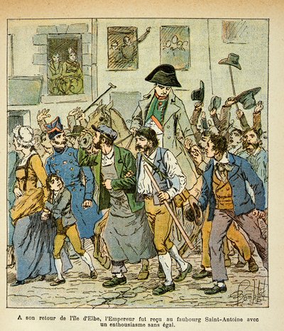 Ilustração de Bombled Louis (1862-1927) do livro "O Memorial de Santa Helena" do Conde Emmanuel de Las Cases (1766-1842): No seu regresso de Elba, o Imperador foi recebido no faubourg Saint Antoine com um entusiasmo inigualável, Particular Collec de Louis Charles Bombled