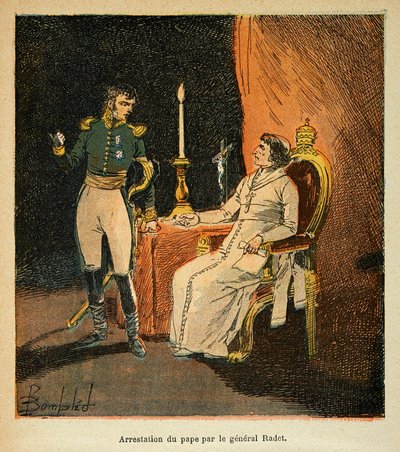 Ilustração de Louis Bombled (1862-1927) do livro "O Memorial de Santa Helena" do Conde Emmanuel de Las Cases (1766-1842): prisão do Papa Pio VII pelo General Stephen Radet (1762-1825) em 1809, Coleção Particular de Louis Charles Bombled