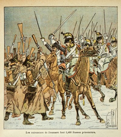 Ilustração de Bombled Louis (1862-1927) do livro "The Memorial of St. Helene" do Conde Emmanuel de Las Cases (1766-1842): O 9º regimento de navios de guerra do Coronel Doumere capturou 1800 russos durante a campanha russa, Coleção Privada de Louis Charles Bombled