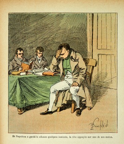 Ilustração de Bombled Louis (1862-1927) do livro "The memorial se Sainte Helene" do Conde Emmanuel de Las Cases (1766-1842): O Imperador Napoleão medita na reacção dos seus memoriais, Colecção Privada de Louis Charles Bombled