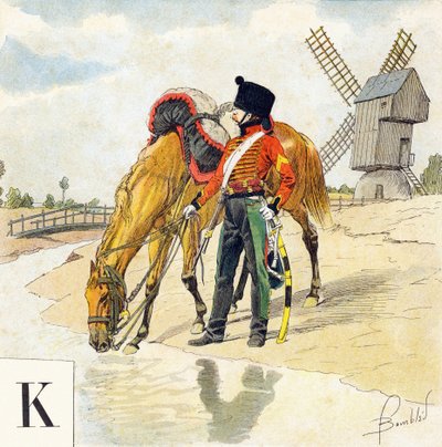 Letra K: Kolbach (colback, colbaque), chapéu dos cavaleiros franceses do primeiro e segundo impérios, "Je serai soldat"( Serei um soldado) - Alfabeto militar de Louis Charles Bombled