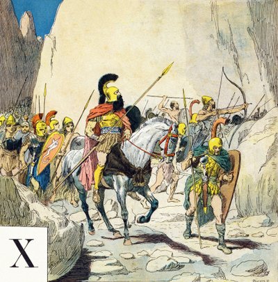 Carta X: Xenofonte (430-355 AC), líder militar grego, e seu exército, "Je serai soldat"( Serei um soldado) - Alfabeto militar de Louis Charles Bombled