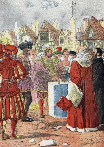 Postagem do Rei da França François I da primeira pedra do Hotel de Ville de paris desenhada pelo arquiteto italiano Boccador de Louis Charles Bombled