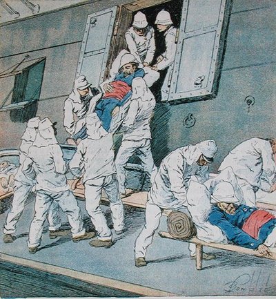 Soldados que adoeceram durante a campanha de Madagascar desembarcando em Argel do navio Shamrock, c.1897 (cor litho) de Louis Charles Bombled