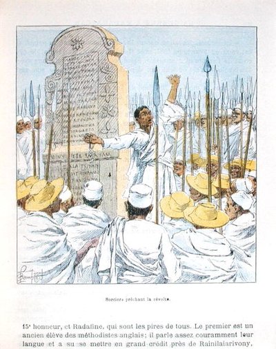Feiticeiros pregando revolta contra a França após a ocupação francesa de Madagascar em 1895, ilustração de "La guerre a Madagascar" de D.H.Galli, final do século XIX (cor litho) de Louis Charles Bombled