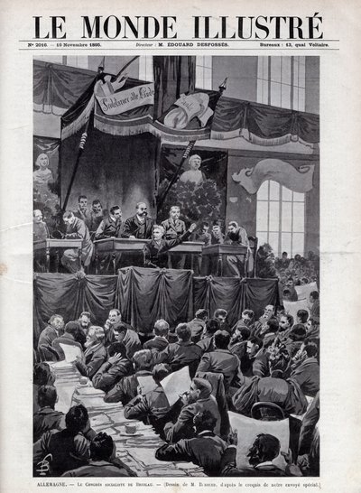 Discurso por August Bebel (1840-1913) durante o Congresso Socialista de Breslau na ALEMANHA em 1895 - Gravura em "O Mundo Ilustrado" de 1895 - Desenho de Bombardeado. de Louis Charles Bombled
