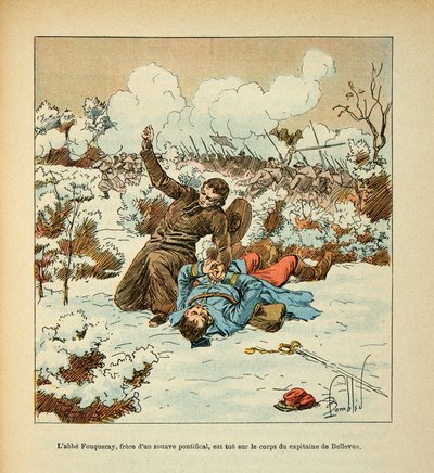 A Armee of the Loire de Eugene Sergeant, dit Grenest, ilustrada por Louis Bombled (1862-1927) (Guerra Franco-Alemã; campanha de 1870-1871): Abbe Fouqueray, irmão de um Pontifício Zouave, é morto no corpo do Capitão Bellevue, Coleção Privada de Louis Charles Bombled