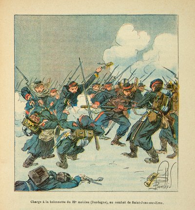 A Arma do Loire por Eugene Sergeant, conhecido como Grenest, ilustrado por Louis Bombled (1862-1927) (Guerra Franco-Alemã; campanha de 1870-1871): carga ao baionete do 22º móvel (Dordogne) na batalha de Saint Jean sur Evre em Janeiro de 1871, P de Louis Charles Bombled