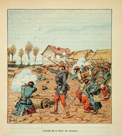 A Arma do Loire por Eugene Sergent, dit Grenest, ilustrada por Louis Bombled (1862-1927) (Guerra Franco-Alemã; campanha de 1870 -1871): Batalha de Coulmiers em 9 de novembro de 1870, o assalto dos franceses à Fazenda Cleomont, Coleção Privada de Louis Charles Bombled