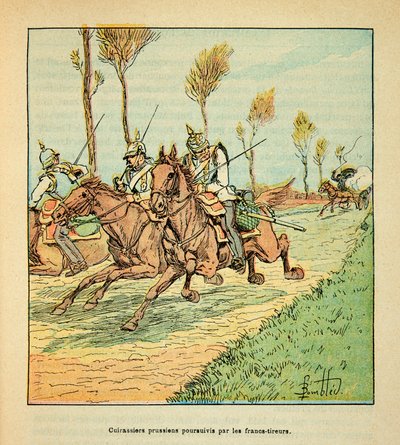 A Arma do Loire por Eugene Sergent, conhecido como Grenest, ilustrado por Louis Bombled (1862-1927) (Guerra Franco-Alemã; campanha de 1870 -1871): Cuirassiers prussianos perseguidos pelos Freicistas em outubro de 1870, Coleção Privada de Louis Charles Bombled