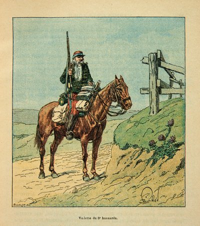 A Arma do Loire por Eugene Sergent, conhecido como Grenest, ilustrado por Louis Bombled (1862-1927) (Guerra Franco-Alemã; campanha de 1870 -1871): Estrela do 6° Hussardos, engajada durante a batalha de Toury em outubro de 1870, Coleção Privada de Louis Charles Bombled