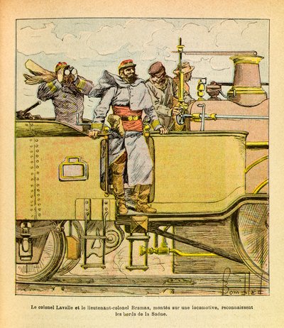 The Eastern Armee of Eugene Sergeant, dit Grenest, ilustrado por Louis Bombled (1862-1927) (Guerra Franco-Alemã; campanha de 1870-1871): Em Dezembro de 1870 o Coronel Lavalle e o Tenente Coronel Bramas montados numa locomotiva reconheceram as margens do Sa de Louis Charles Bombled
