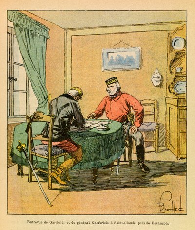 The Eastern Armee of Eugene Sergeant, dit Grenest, ilustrado por Louis Bombled (1862-1927) (Guerra Franco-Alemã; campanha de 1870-1871): Entrevista de Garibaldi e General Cambriels em Saint Claude, perto de Besancon, em outubro de 1870, Coleção Privada de Louis Charles Bombled