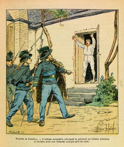 A Armee Oriental do Sargento Eugene, dit Grenest, ilustrada por Louis Bombled (1862-1927) (Guerra Franco-Alemã; campanha de 1870 -1871): Novembro de 1870, em Chatillon sur Seine, o capitão Michard capturou o contabilista alemão no hotel de la Cote d de Louis Charles Bombled