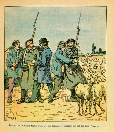 A Armee Oriental do Sargento Eugene, dit Grenest, ilustrada por Louis Bombled (1862-1927) (Guerra Franco-Alemã; campanha de 1870 -1871): O Martin móvel, disfarçado de camponês, apreendeu um rebanho de ovelhas conduzido por dois prussianos a Langres em nove de Louis Charles Bombled