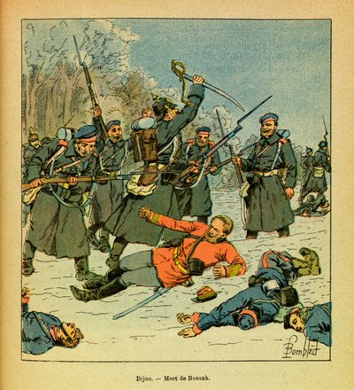The Eastern Armee of Eugene Sergeant, dit Grenest, ilustrado por Louis Bombled (1862-1927) (Guerra Franco-Alemã; campanha de 1870-1871): Morte do General Bossak-Hauke no local conhecido como "La Cap". de Louis Charles Bombled