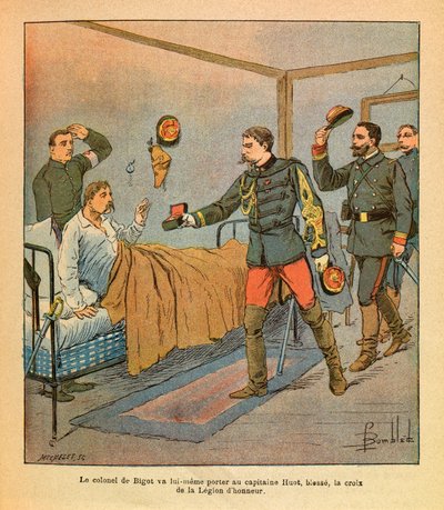 The Eastern Armee of Eugene Sergeant, dit Grenest, ilustrado por Louis Bombled (1862-1927) (Guerra Franco-Alemã; campanha de 1870-1871): O próprio Coronel De Bigot trouxe ao Capitão Huot a cruz da Legião de Honra após as batalhas de Voujeaucourt em de Louis Charles Bombled