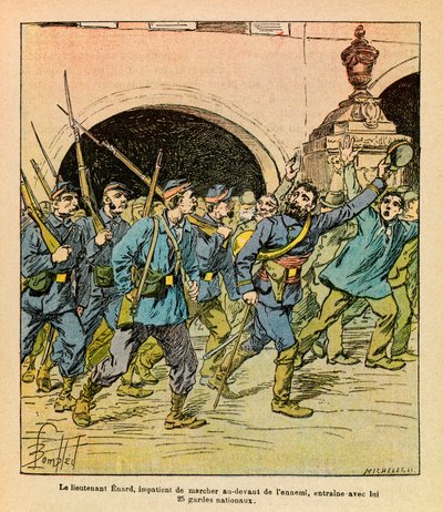 The Eastern Armee of Eugene Sergeant, dit Grenest, ilustrado por Louis Bombled (1862-1927) (Guerra Franco-Alemã; campanha 1870-1871): Durante os combates em Epinal, em outubro de 1870, o tenente Enard avidamente caminhava na frente do inimigo, liderando co de Louis Charles Bombled
