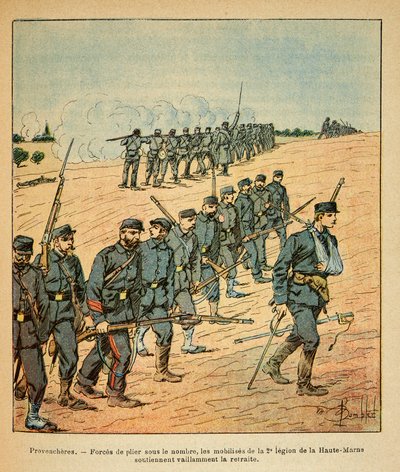 A Armee Oriental do Sargento Eugene, conhecida como Grenest, ilustrada por Louis Bombled (1862-1927) (Guerra Franco-Alemã; campanha de 1870 -1871): Em Provencheres, os mobilizados da 2ª Legião do Alto Marne forçados a recuar sob o número de inimigos de Louis Charles Bombled