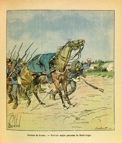 A Armee Oriental do Sargento Eugene, conhecida como Grenest, ilustrada por Louis Bombled (1862-1927) (Guerra Franco-Alemã; campanha de 1870-1871): Novembro de 1870, durante as batalhas de Brazey, o Major Prussiano Saint Ange é abatido, Colecção Privada de Louis Charles Bombled