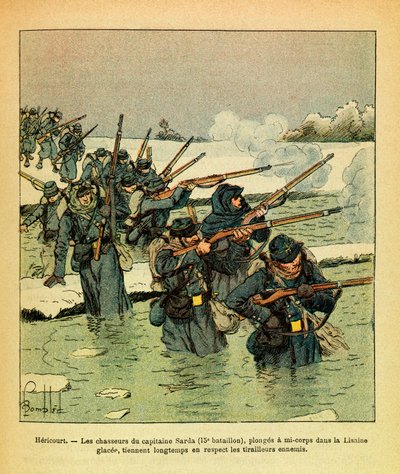 A Armee Oriental do Sargento Eugene, conhecida como Grenest, ilustrada por Louis Bombled (1862-1927) (Guerra Franco-Alemã; campanha de 1870 -1871): Janeiro de 1871, Hericourt, os caçadores do Capitão Sarda mergulham meio corpo no Ice Lisaine, mantêm por mu de Louis Charles Bombled