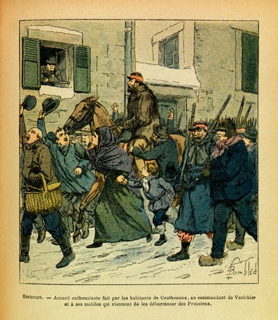 A Armee Oriental do Sargento Eugene, conhecida como Grenest, ilustrada por Louis Bombled (1862-1927) (Guerra Franco-Alemã; campanha de 1870 -1871): Janeiro de 1871, Hericourt, entusiasmo feito pelos habitantes de Couthenans, ao comandante de Vaulchier e ao de Louis Charles Bombled