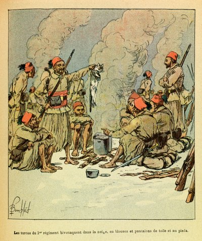 A Armee Oriental do Sargento Eugene, conhecida como Grenest, ilustrada por Louis Bombled (1862-1927) (Guerra Franco-Alemã; campanha de 1870 -1871): Janeiro de 1871, os Turcos do 1º regimento bivouaent na neve, em blusas e calças de lona e taxa nua de Louis Charles Bombled
