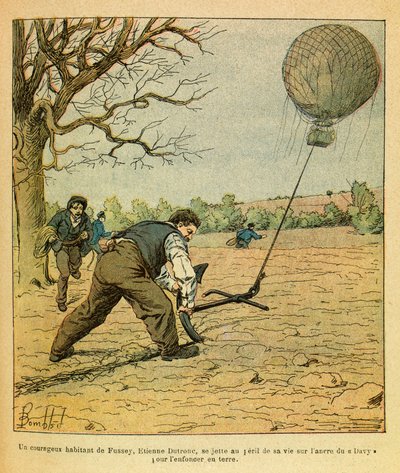 A Armee Oriental do Sargento Eugene, conhecida como Grenest, ilustrada por Louis Bombled (1862-1927) (Guerra Franco-Alemã; campanha de 1870 -1871): Batalha de Noites Saint Georges; os camponeses tentam segurar um balão de observação, Coleção Privada de Louis Charles Bombled